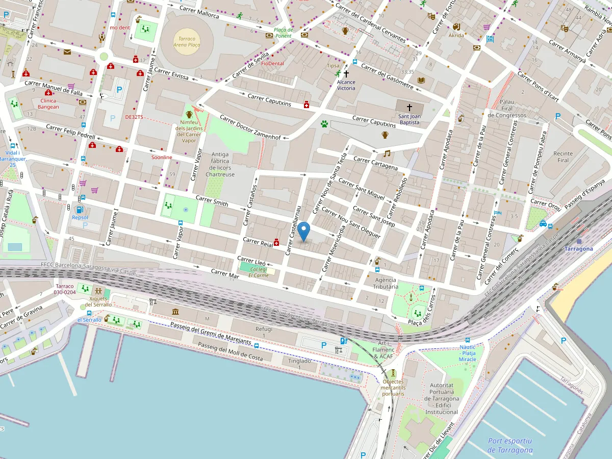 Plano de la zona del Carrer Reial 15 de Tarragona, junto al puerto y la estación